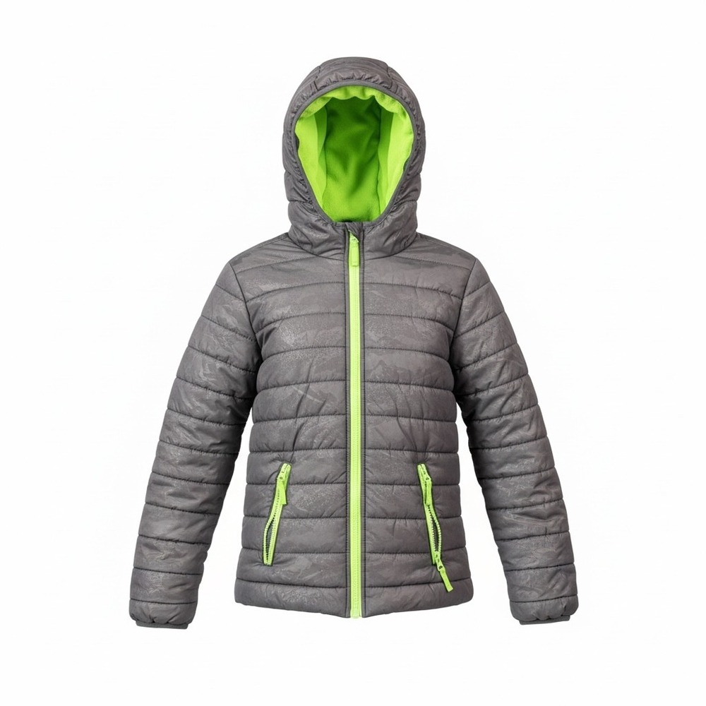 Cat & Jack Camo Puffer Jacket Grey Lime Green L 12/14 Fleece Hood